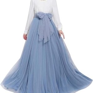 Tulle Skirt Floor Length A Line with Bowknot Belt High Waisted