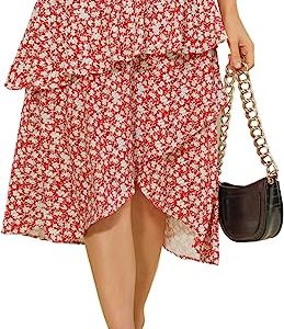 Women's  Boho Floral Print Midi Skirt Elastic High Waist Ruffle Skirts